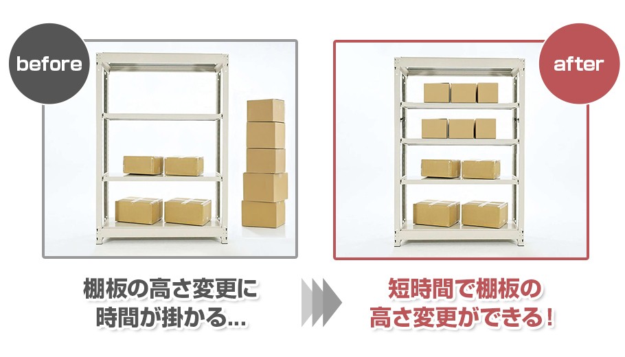 短時間で棚板の高さ変更可能